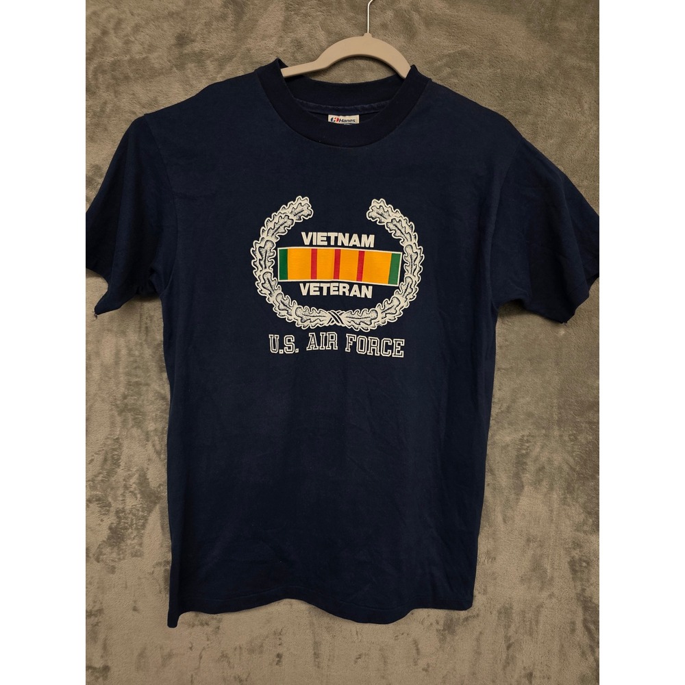 Vintage Hanes Vietnam Veteran US Air Force T-Shirt Navy Blue Single Stitch L